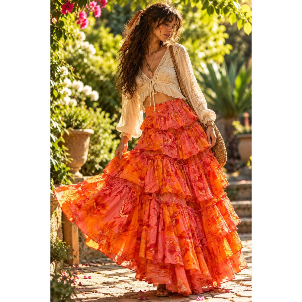 Boho Tiered Maxi Skirt Orange Pink Floral Cotton Ruffle Festival Gypsy 32 Waist